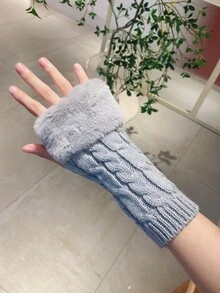 Fluffy Trim Fingerless Gloves - Light Grey - View 3
