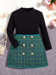 SHEIN 年輕女孩高領t恤與格紋假扣裙 - 彩色 - 查看 1