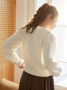 Knit Mix Women's French Style Knit Commuter Top, Solid Color Round Neck, Puff Sleeve, Button Front Cardigan (Pattern Random) - Beige - View 2