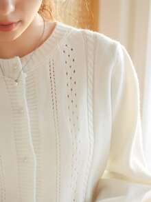 Knit Mix Women's French Style Knit Commuter Top, Solid Color Round Neck, Puff Sleeve, Button Front Cardigan (Pattern Random) - Beige - View 5