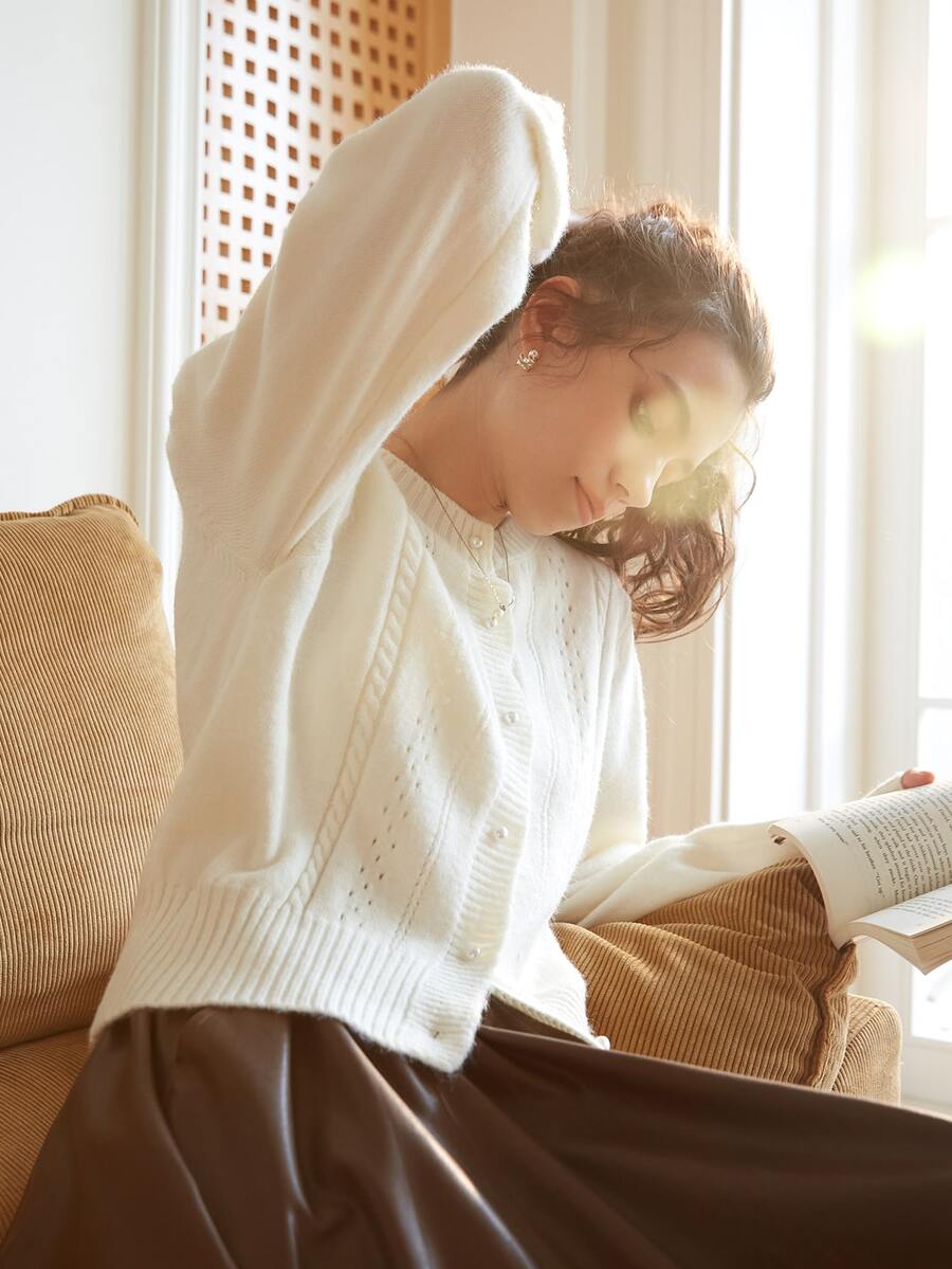 Knit Mix Women's French Style Knit Commuter Top, Solid Color Round Neck, Puff Sleeve, Button Front Cardigan (Pattern Random) - Beige - View 1