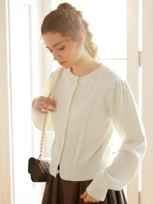 Knit Mix Women's French Style Knit Commuter Top, Solid Color Round Neck, Puff Sleeve, Button Front Cardigan (Pattern Random) - Beige - View 3