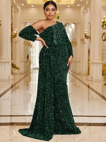 YISIKADO Plus Asymmetrical Neck Draped Side Sequin Dress - Dark Green - View 4
