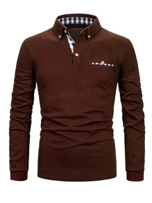 男士格紋邊POLO衫 - 巧克力棕 - 查看 3