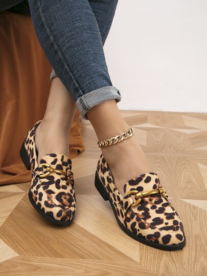 Leopard Pattern Faux Suede Metal Decor Flat Loafers | SHEIN USA