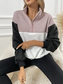撞色落肩袖半拉鏈運動衫 - 彩色 - 查看 6