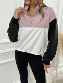 撞色落肩袖半拉鏈運動衫 - 彩色 - 查看 7