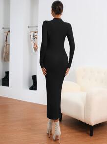 Modelyn Solid Mock Neck Ribbed Knit Bodycon Jumper Dress - Black - View 2