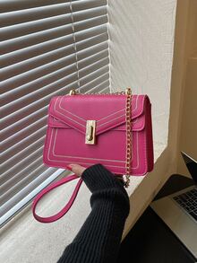 螢光紅刺繡細節翻蓋方包 - 玫紅色 - 查看 7