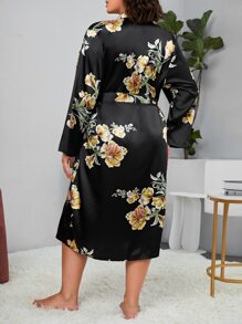 Bata de dormir con estampado floral con cinturón de satén sin set de lencería - Negro - Ver 2