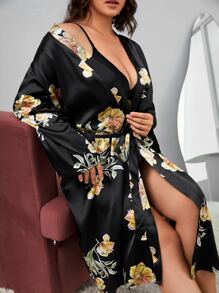 Bata de dormir con estampado floral con cinturón de satén sin set de lencería - Negro - Ver 3