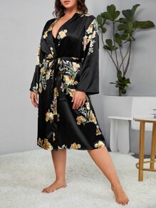 Bata de dormir con estampado floral con cinturón de satén sin set de lencería - Negro - Ver 4