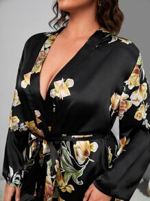 Bata de dormir con estampado floral con cinturón de satén sin set de lencería - Negro - Ver 5
