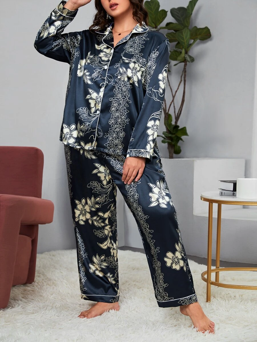 Plus Floral Print Contrast Piping Satin PJ Set - Multicolor - View 1