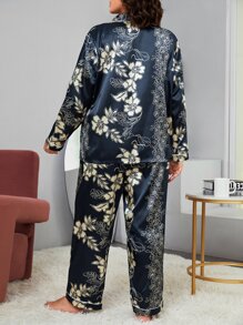 Plus Floral Print Contrast Piping Satin PJ Set - Multicolor - View 2