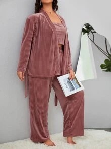 Plus Open Front Belted Velvet Robe & Cami Top & Trousers PJ Set - Redwood - View 5