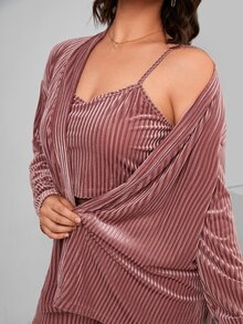Plus Open Front Belted Velvet Robe & Cami Top & Trousers PJ Set - Redwood - View 4