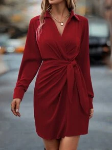 SHEIN Privé Solid Wrap Knot Side Shirt Dress - Burgundy - View 4