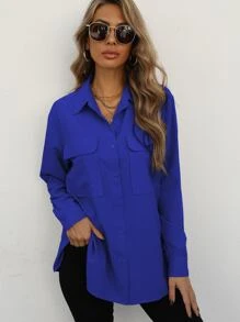 SHEIN LUNE Áo sơ mi nữ Túi Nút phía trước màu trơn Giải trí - Xanh đậm - Xem 1