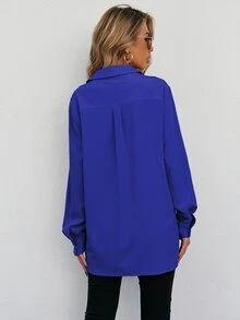 SHEIN LUNE Áo sơ mi nữ Túi Nút phía trước màu trơn Giải trí - Xanh đậm - Xem 2