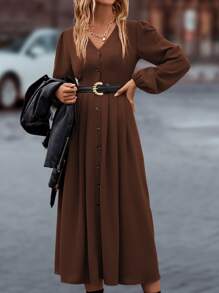 Chiquease 素色單排釦燈籠袖連衣裙 - 咖啡棕 - 查看 3