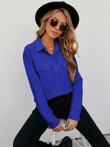 SHEIN LUNE Áo sơ mi nữ Túi Nút phía trước màu trơn Giải trí - Xanh đậm - Xem 4