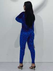 Geo Pattern Velvet Unitard Jumpsuit - Blue - View 2