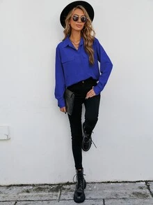 SHEIN LUNE Áo sơ mi nữ Túi Nút phía trước màu trơn Giải trí - Xanh đậm - Xem 5