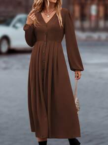 Chiquease 素色單排釦燈籠袖連衣裙 - 咖啡棕 - 查看 6