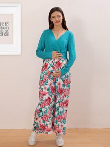 Maternity Surplice Neck Floral Print Combo Dress - Multicolor - View 1