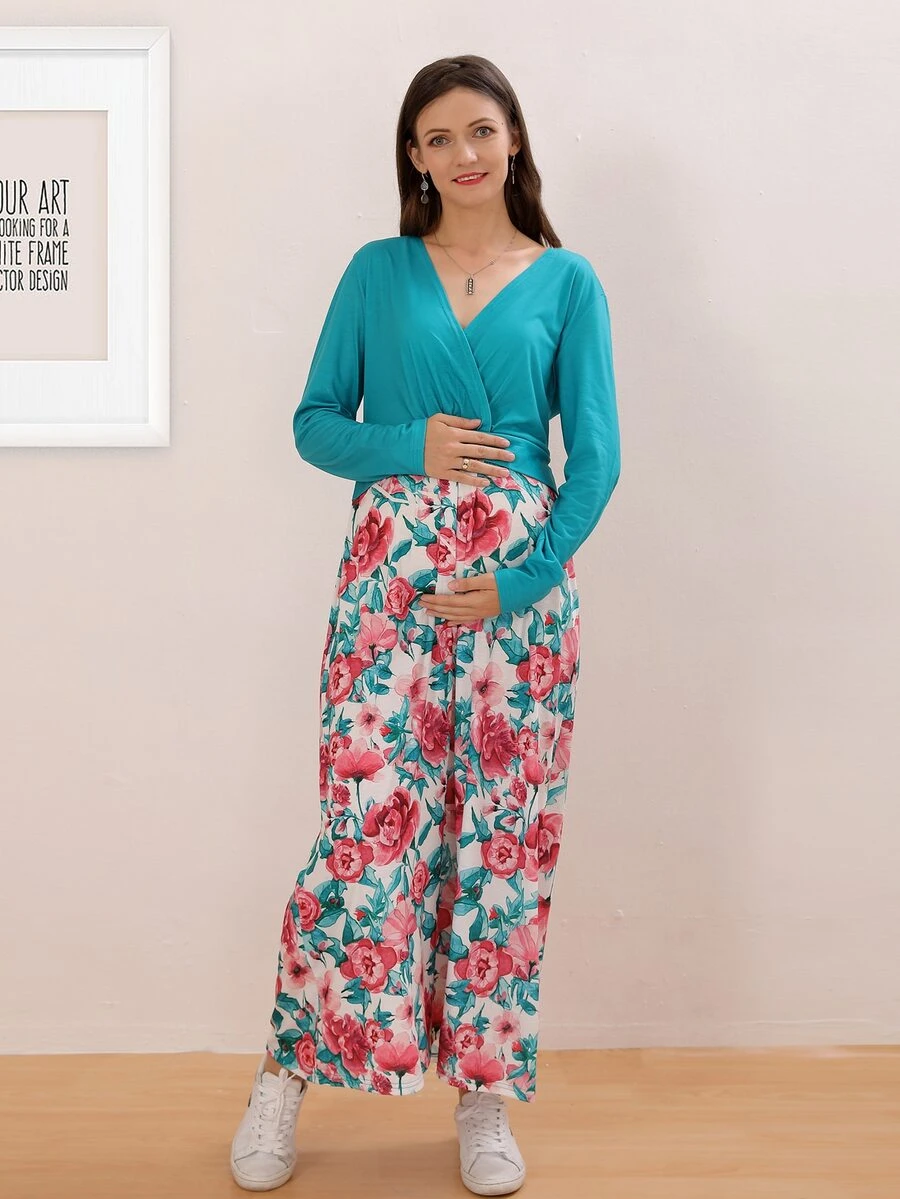 Maternity Surplice Neck Floral Print Combo Dress - Multicolor - View 1