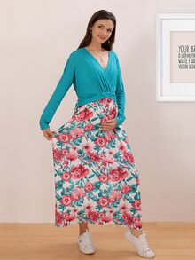 Maternity Surplice Neck Floral Print Combo Dress - Multicolor - View 3
