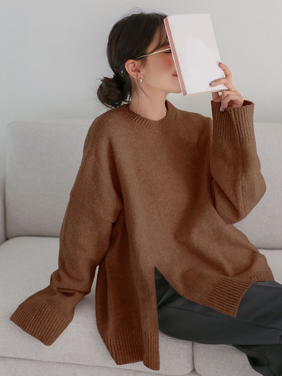 DAZY Thả vai Viền chia cắt Áo len - màu nâu - Xem 1