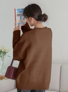 DAZY Thả vai Viền chia cắt Áo len - màu nâu - Xem 2