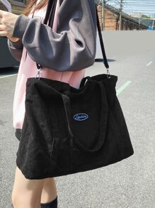 1pc Black Casual Fabric Bag, New Winter Style, Simple & Fashionable Corduroy Big Capacity Zipper Closure Shoulder Tote Bag, Suitable For Daily Use, Campus Style For College Students, Tote Bags For Women, College Essentials