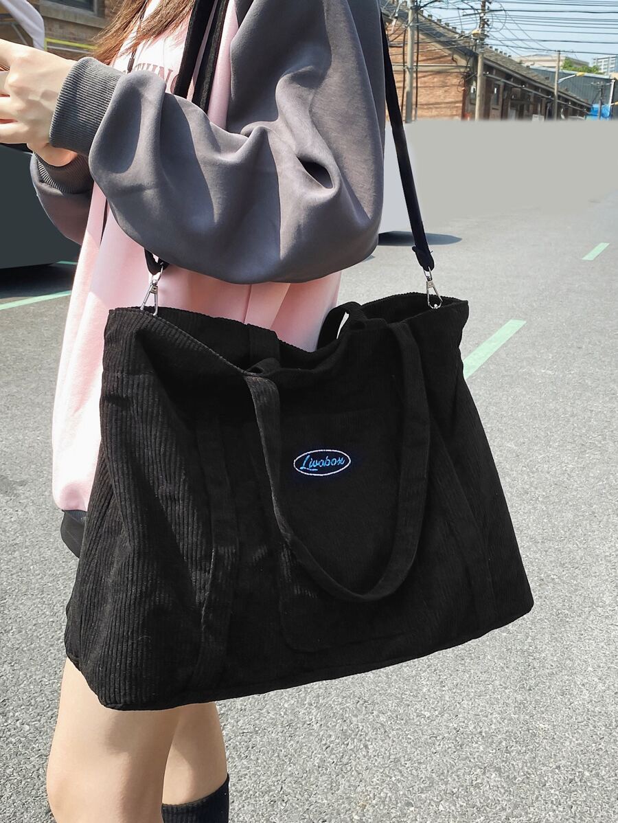 1pc Black Casual Fabric Bag, New Winter Style, Simple & Fashionable Corduroy Big Capacity Zipper Closure Shoulder Tote Bag, Suitable For Daily Use, Campus Style For College Students, Tote Bags For Women, College Essentials