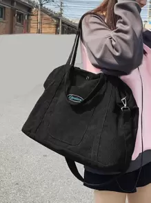 1pc Black Casual Fabric Bag, New Winter Style, Simple & Fashionable Corduroy Big Capacity Zipper Closure Shoulder Tote Bag, Suitable For Daily Use, Campus Style For College Students, Tote Bags For Women, College Essentials
