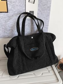 1pc Black Casual Fabric Bag, New Winter Style, Simple & Fashionable Corduroy Big Capacity Zipper Closure Shoulder Tote Bag, Suitable For Daily Use, Campus Style For College Students, Tote Bags For Women, College Essentials