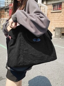 1pc Black Casual Fabric Bag, New Winter Style, Simple & Fashionable Corduroy Big Capacity Zipper Closure Shoulder Tote Bag, Suitable For Daily Use, Campus Style For College Students, Tote Bags For Women, College Essentials