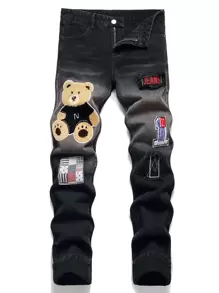 Quần Jeans Ống Thẳng Ôm Dáng Có Chi Tiết Miếng Dán Cho Nam - màu đen - Xem 1