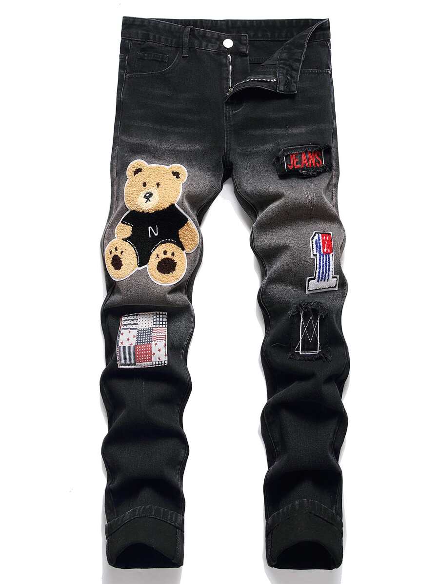 Quần Jeans Ống Thẳng Ôm Dáng Có Chi Tiết Miếng Dán Cho Nam - màu đen - Xem 1