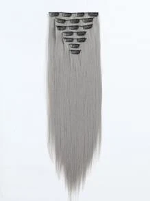 7 piezas Extensiones de cabello sintético recto de 22 pulgadas, set con clips, color gris - Gris Claro - Ver 2
