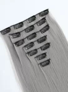 7 piezas Extensiones de cabello sintético recto de 22 pulgadas, set con clips, color gris - Gris Claro - Ver 6