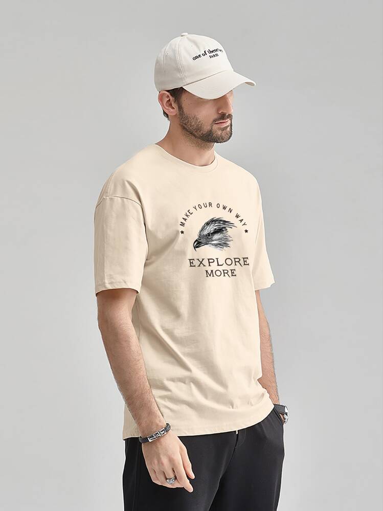 男性 鷲と文字グラフィック Tシャツ - アプリコット - 見る 4