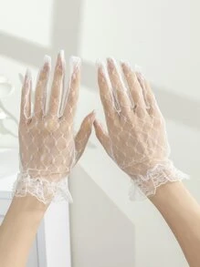 1 双女士纯色蕾丝渔网露指手套，适合婚纱、派对装、女士秋季服装 - 白色 - 查看 1
