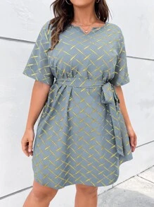 SHEIN LUNE Plus Notched Neck Belted Grid Print Dress - Mint Green - View 1
