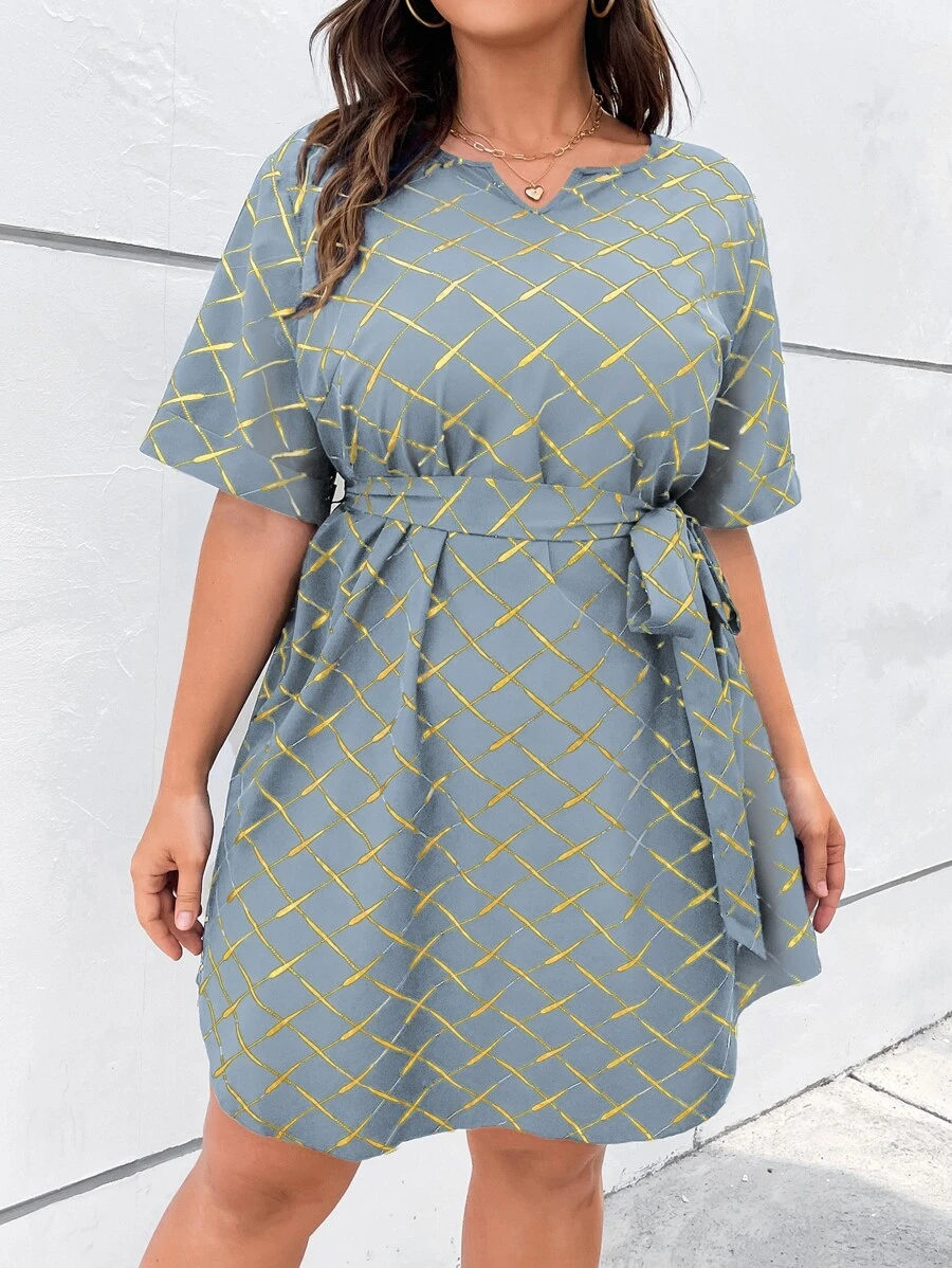 SHEIN LUNE Plus Notched Neck Belted Grid Print Dress - Mint Green - View 1