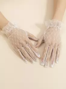 1 双女士纯色蕾丝渔网露指手套，适合婚纱、派对装、女士秋季服装 - 白色 - 查看 2