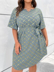 SHEIN LUNE Plus Notched Neck Belted Grid Print Dress - Mint Green - View 5