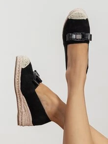 水鑽和蝴蝶結裝飾編織仿麂皮淺口坡跟鞋 - 黑色 - 查看 4